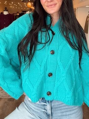 Mustard Seed Turquoise Cable-Knit Button Front Cardigan